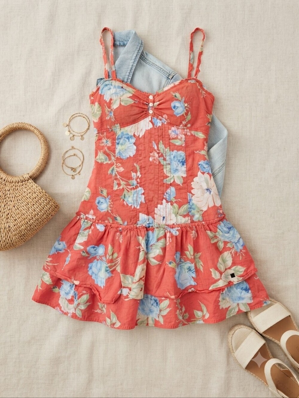 Abercrombie & Fitch Red Pink Blue Flowers Sweetheart Neckline Drop Waist Dress